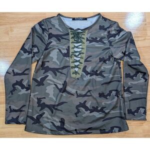 Yoins Camo Lace Up Top Womens Small Green Camouflage Long Sleeve Shirt